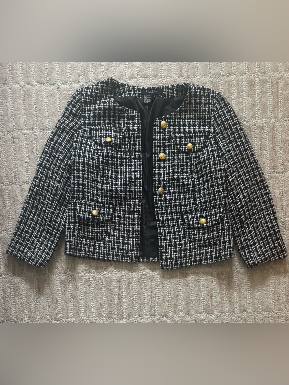 Sandro Black & White Tweed Jacket with Gold Buttons